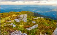 boulders on the edge of hillside. lovely view from Runa mountain, Ukraine. cloudy august morning