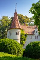 chynadiievo, transcarpathia, ukraine - 28 jul, 2013: schonborn royal palace under blue sky. heritage site in carpathians. popular tourist destination. hunting castle now a sanatorium on sunny day