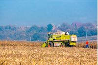 Shyroke, Ukraine - NOV 11, 2015: broken combine harvester in the corn field near the village. combine operator went searching for help. hot autumn afternoon