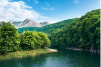 composite landscape with river in mountains. trees and cliff on the riverbank. high tatra ridge in the distance. wonderful sunny weather with blue sky. beautiful summer scenery