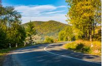 countryside road through the forest in mountains. lovely Carpathian countryside landscape in early autumn morning