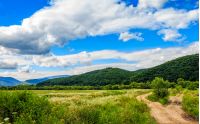 beautiful countryside landscape. path through rural field near the forest on a tranquil summer day. mountain ridge under cloudy blue sky