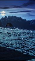 flock of sheep on the meadow on hillside near the fir forest in mountains of Romania at night in full moon light