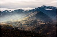 fog over the hillside of mountain with snowy top. stunning landscape in late autumn