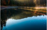 fog rise near the pier of forest lake in mountains at sunrise. absolutely stunning autumnal nature scenery with morning glowing mist in golden sun rays and reddish foliage sliding on water ripples