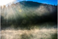 forest lake with smoke on the water. foggy sunrise with sun beams. dramatic autumnal background