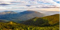 sumer landscape with conifer forest down the hillside to valley bald between mountains in morning sun light