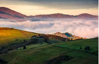 grassy hillside above the thick fog in mountains. gorgeous sunrise in rural landscape
