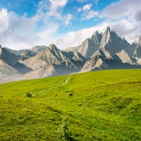 grassy slopes and rocky peaks composite. gorgeous summer landscape with magnificent mountain ridge over the pleasing green meadows. lovely surreal fantasy scenery