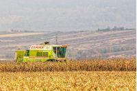 Mukachevo, Ukraine - November 6 2015: harvester in the field removes the corn stalks in late fall haze day
