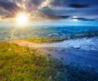hiking path in carpathian mountains. day meet night. sun and moon over alpine nature of transcarpathia in summer. ukraine mountain landscape for travel. views of borzhava ridge