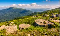 mountain summer landscape. meadow with huge boulders among the grass on top of the hillside meadow near the peak of mountain ridge