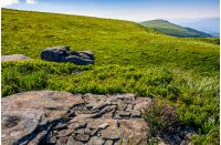 mountain summer landscape. meadow with huge rocks among the grass on top of the hillside near the peak of mountain ridge