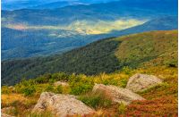 huge stones among the grass on top of the hillside meadow near the peak of mountain ridge. vivid summer landscape.