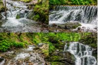 Summer landscape set of images. Small cascades on the forest river with stones and boulders