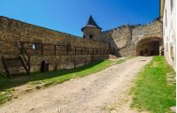 Stara Lubovna, Slovakia - AUG 28, 2016: inner courtyard of old medieval castle. tower and entrance in to the castle. popular tourist destination