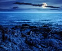 landscape of sea coast with rock in summer at night. beautiful scenery with stone shore and splashing wave in full moon light. mysterious scene in bulgaria