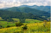 lovely rural scenery in mountains. agricultural fields on hills. beautiful landscape