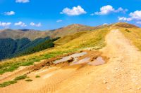 mountain dirt road through grassy alpine meadow. wonderful outdoor adventure in autumn afternoon light. hiking through krasna ridge of transcarpathia, ukraine. clouds on the blue sky
