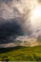 beautiful summer landscape. grassy meadow on a hillside of mountain ridge at  cloudy sunset with rainbow