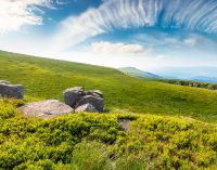 mountain summer landscape. meadow with giant stones among the grass on the hillside. awe view near the peak of mountain smooth in morning dappled light. great outdoors of ukraine