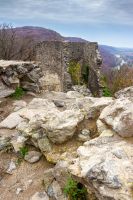 nevytske, ukraine - 16 nov, 2013: medieval castle ruins in transcarpathia region of ukraine. ancient stone fortress architecture on a cloudy day. travel heritage site located near uzhhorod city