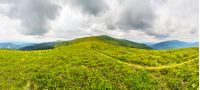 panoramic landscape with narrow meadow path in grass on top of mountain range