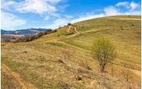 Spring time rural landscape. Path through agricultural fields in Carpathian mountains