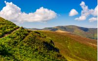 summer mountain landscape. path through the ridge to the top peak. big fluffy clouds in a blue sky