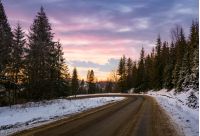 road through winter forest at dusk. lovely transportation scenery in mountains with snowy hills