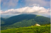 landscape with rocks on grassy alpine hillside of Carpathian mountain ridge. Gorgeous view of Polonina on fine summer weather