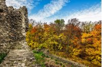 castle; wall; old; ruin; forest; ancient; stone; building; tower; autumn; landscape; nature; architecture; history; ruins; travel; background; sky; landmark; view; fortress; fortification; autumn; tourism; fort; historical; hill; europe; abandoned; trees; scenery; clouds; fall; texture