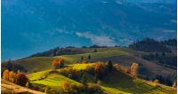 rural fields on hills in beautiful evening light. lovely autumn scenery in mountains