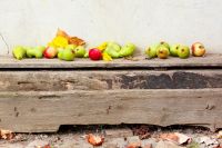 rural harvest in autumn. fruits on wooden background. fresh pears and ripe apples with yellow leaves laying on the board. rustic organic still life composition