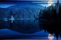 scenic landscape with lake among coniferous forest at night. enchanted place for weekend vacation and cinematic photography in full moon light