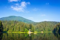 scenic landscape with lake among coniferous forest. beautiful place for weekend vacation and photography in transcarpathia. peaceful sunny morning in summer with blue sky