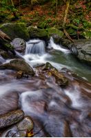 small cascades on the forest river among huge boulders covered with moss. dreamy Carpathian landscape