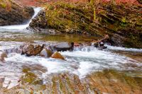 small waterfall on the turichka river in the forest near lumshory village of transcarpathia, ukraine. low angle view of the shore. beautiful autumnal scenery. popular travel destination. wide angle