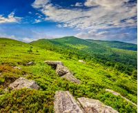 white sharp stones and boulders among green grassy meadow on the hillside on top of  mountain range