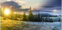 day and night time change concept above panorama of beautiful countryside in mountains. spruce trees on the meadow. top of the snow covered ridge in the distance with sun and moon