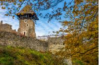 Nevytsky Castle, Ukraine - October 27, 2016: tower with wooden roof and stone wall of fortress on grassy hillside among forest with yellow foliage in autumn. popular tourist attraction