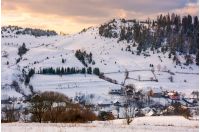 village down the hill on winter sunset. lovely mountainous countryside of Carpathians. spruce forest on top of the hill under the evening cloudy sky. cold weather