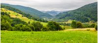 panoramic landscape with village in mountains behind the agricultural meadow with trees and  flowers on  hillside