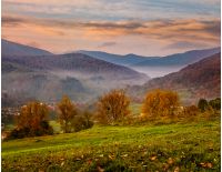 autumn landscape. village on the hillside. forest in fog on mountains at sunrise