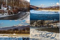 set of images with mountain forest and river in winter landscape