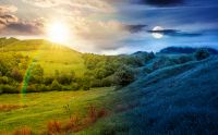 wonderful countryside scenery with trees on a green hill. day meet night. sun and moon over scenic rural area in the beautiful valley. vivid wallpaper of a mountain landscape in springtime