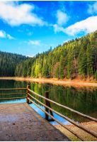 pier with wooden fence on the Lake in mountains. coniferous forest and some trees with red foliage in autumn. National Park Synevir, Ukraine