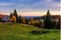 woodshed and trees on hillside meadow at sunset. mountainous village among mixed forest with colorful foliage. splendid rural landscape of Romania