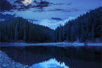 view on crystal clear lake with rocky shore near the pine forest at the foot of the  mountain at night in moon light