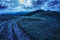 mountain landscape. path in valley  on the top of hillside at night in full moon light